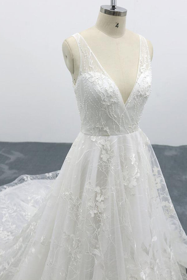Abito da sposa elegante lungo a linea ad A con scollo a V, applicazioni in pizzo, tulle e schiena scoperta