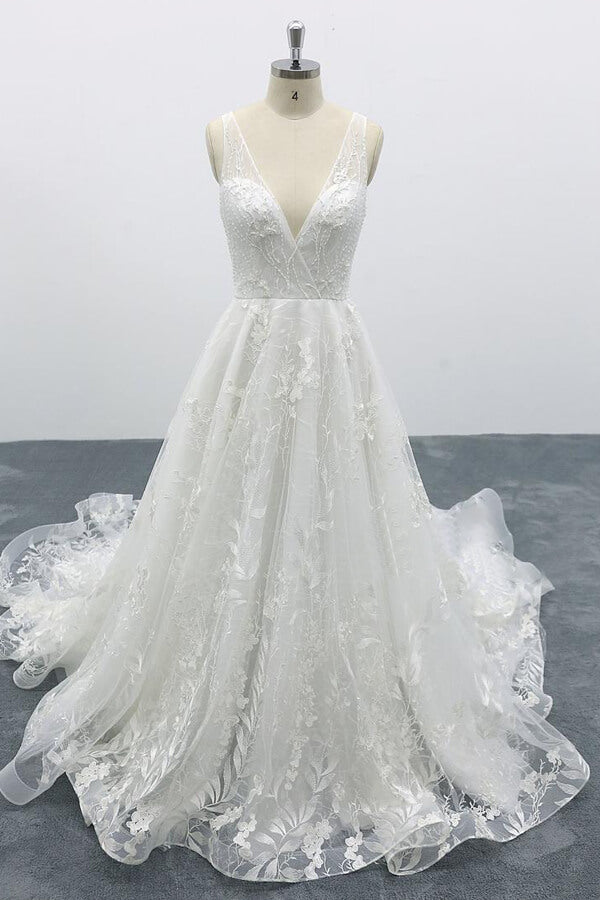 Elegant Long A-line V-neck Appliques Lace Tulle Backless Wedding Dress