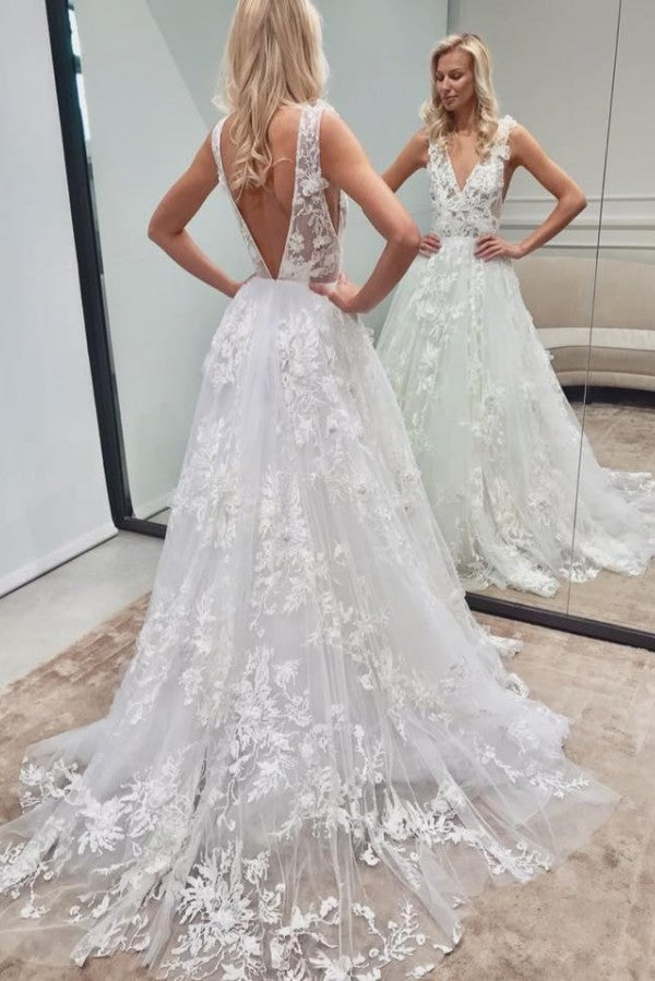 Elegant Long A-line V-neck Backless Tulle Lace Wedding Dress