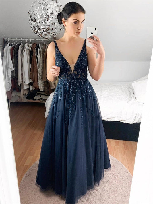 Elegante vestido de noche formal de fiesta con escote en V y encaje en forma de A