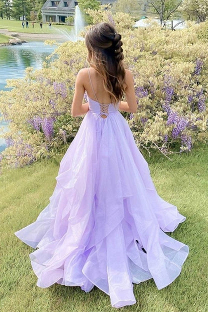 Elegant Long A-line V-neck Open Back Graduation Prom Dresses