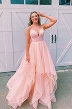 Elegante vestido de graduación largo con escote en V, espalda abierta y corte A