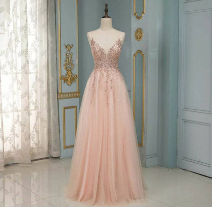 Elegantes langes rückenfreies Ballkleid aus Tüll in A-Linie mit V-Ausschnitt und Pailletten