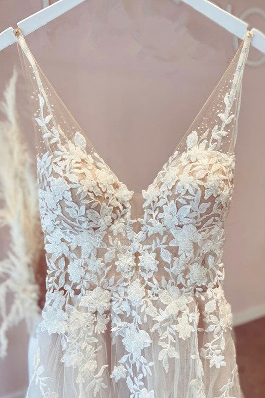 Abito da sposa elegante lungo a linea ad A con scollo a V, applicazioni in tulle, pizzo e schiena scoperta