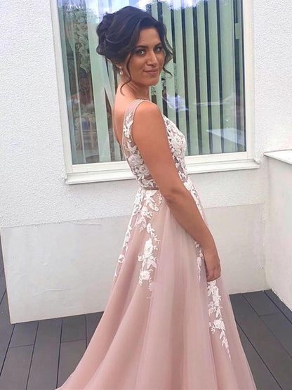 Elegant Long A-line V-neck Tulle Lace Backless Formal Graduation Prom Dresses