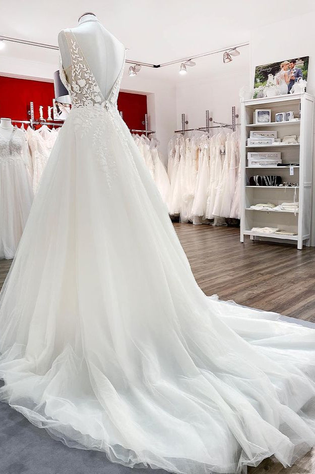Abito da sposa elegante lungo a linea ad A con scollo a V, tulle, pizzo e schiena scoperta
