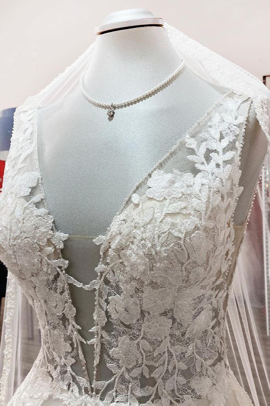 Abito da sposa elegante lungo a linea ad A con scollo a V, tulle, pizzo e schiena scoperta