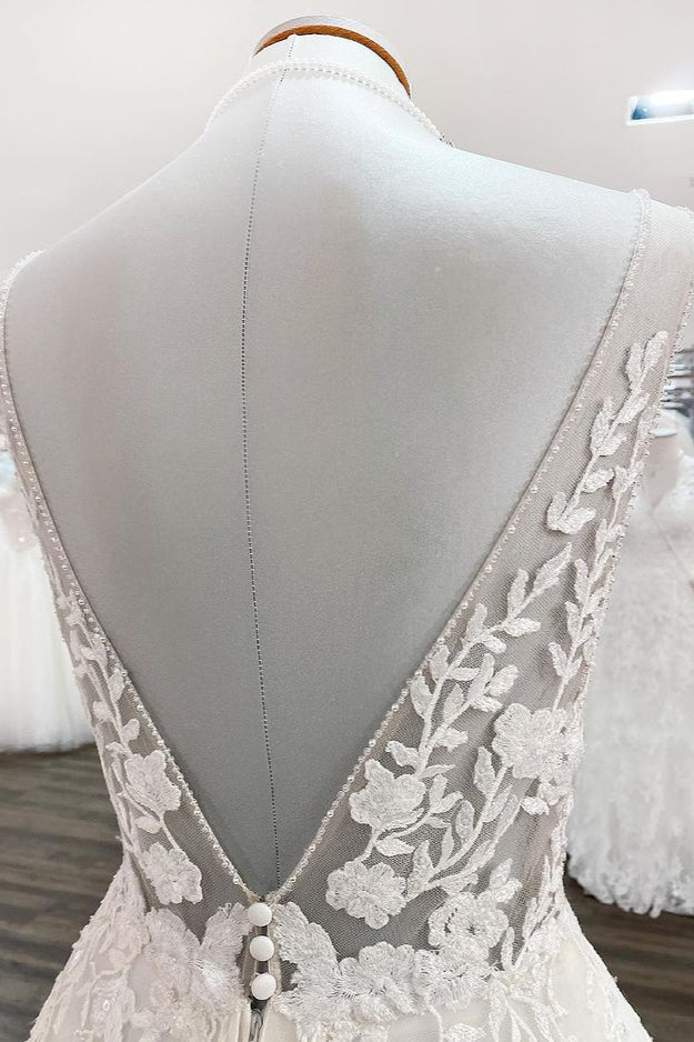 Abito da sposa elegante lungo a linea ad A con scollo a V, tulle, pizzo e schiena scoperta