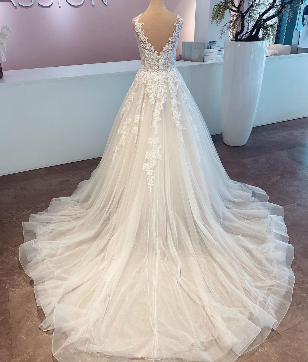 Elegant Long A-line V-neck Tulle Lace Wedding Dress