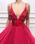 Elegant Long A-line V-neck Tulle Prom Dress