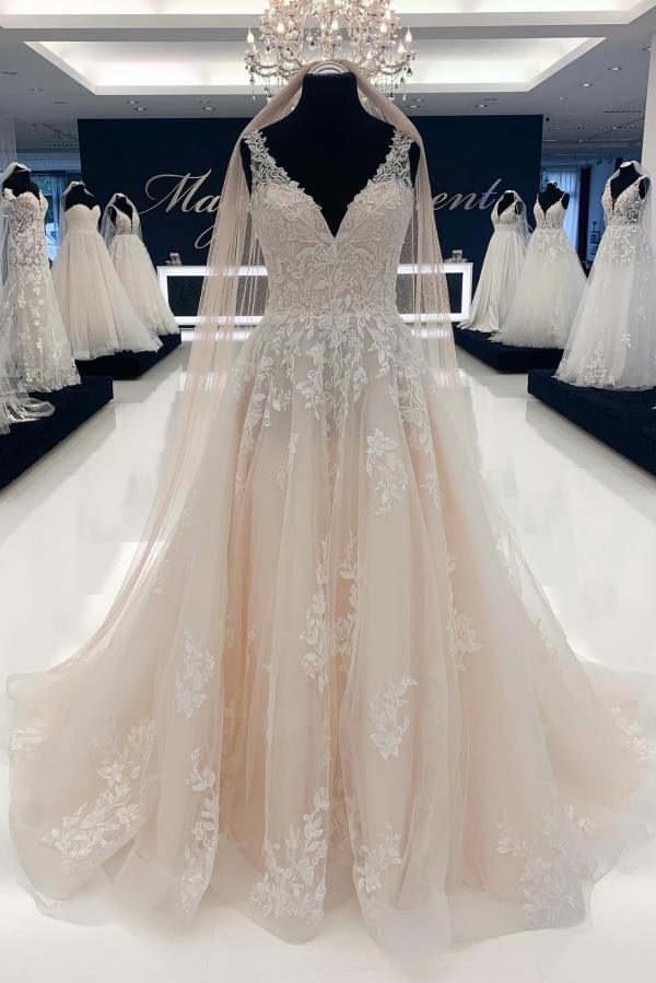 Abiti da sposa eleganti lunghi a linea ad A con scollo a V in tulle senza maniche e pizzo