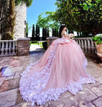 Elegante vestido largo de fiesta con hombros descubiertos, apliques de encaje y tul para quinceañera