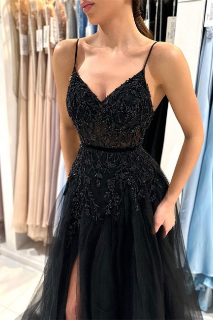 Elegant Long Black A-line Sequined Lace Prom Dresses With Slit