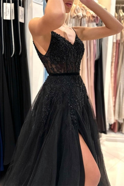 Elegant Long Black A-line Sequined Lace Prom Dresses With Slit