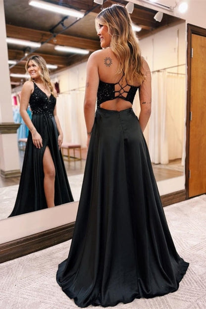 Elegante vestido de noche largo negro de corte A con escote en V, lentejuelas y purpurina