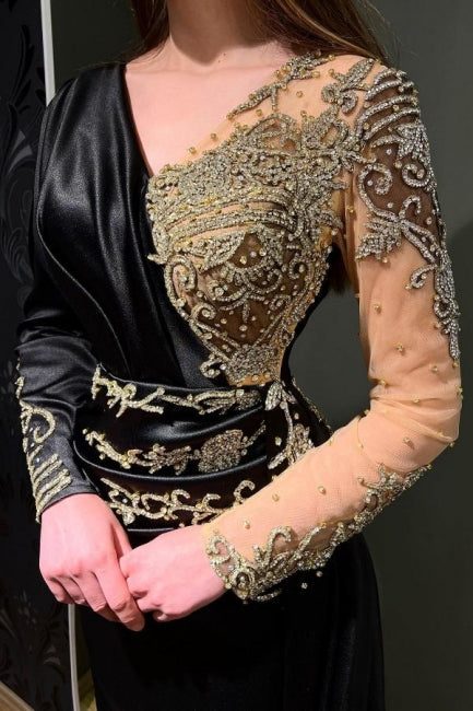 Elegante abito da sera nero lungo con perline a sirena e maniche lunghe