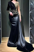 Elegante abito da sera nero lungo con perline a sirena e maniche lunghe
