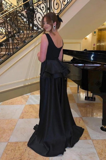 Elegantes vestidos de noche largos negros, vestidos de fiesta sencillos sin mangas