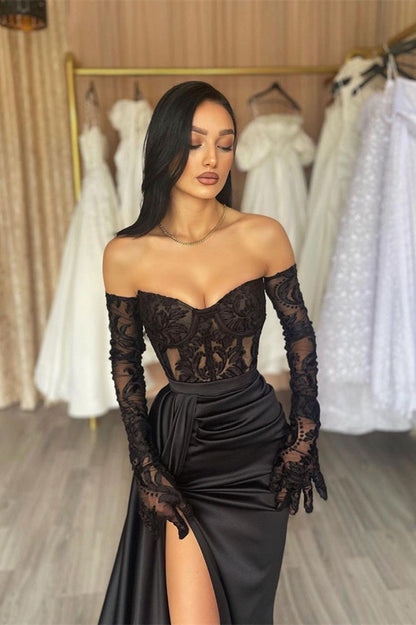Elegant Long Black Off-the-shoulder Lace Mermaid Prom Dress With Slit