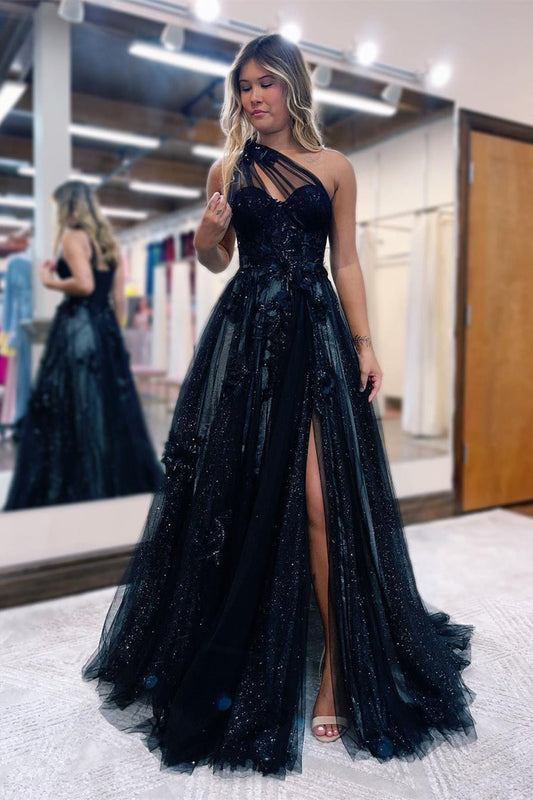 Elegante vestido de fiesta negro largo de un solo hombro con encaje en forma de A y abertura
