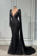Elegante abito da sera lungo nero a sirena con scollo a V in pizzo e maniche lunghe