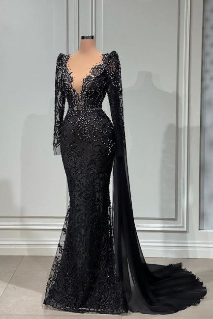 Elegante abito da sera lungo nero a sirena con scollo a V in pizzo e maniche lunghe