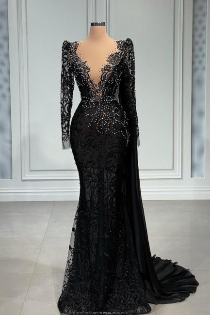 Elegante abito da sera lungo nero a sirena con scollo a V in pizzo e maniche lunghe
