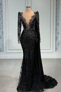 Elegante abito da sera lungo nero a sirena con scollo a V in pizzo e maniche lunghe