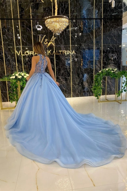 Elegante abito lungo blu a linea ad A con collo all'americana, senza maniche, decorato con perline e brillantini per cerimonia
