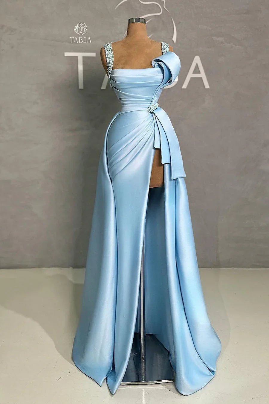 Elegante abito lungo blu a linea ad A con spalline, perle, senza maniche, da sera con spacco
