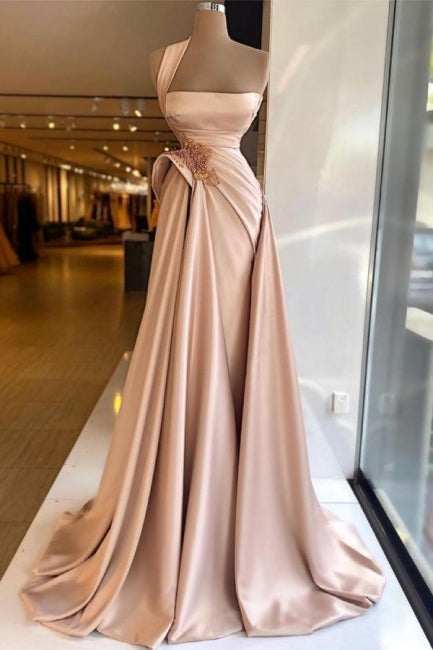 Eleganti abiti da sera lunghi color champagne con spacco alto