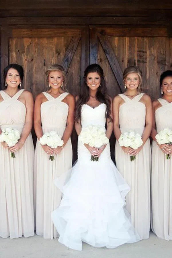 Elegante abito lungo da damigella in chiffon rosa con fascia BD072