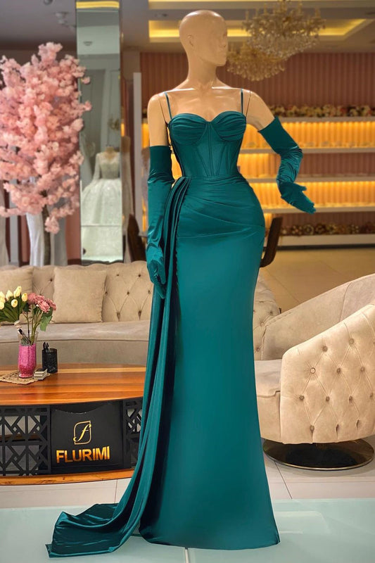 Elegant Long Dark Green Spaghetti Straps Prom Dress With Ruffles
