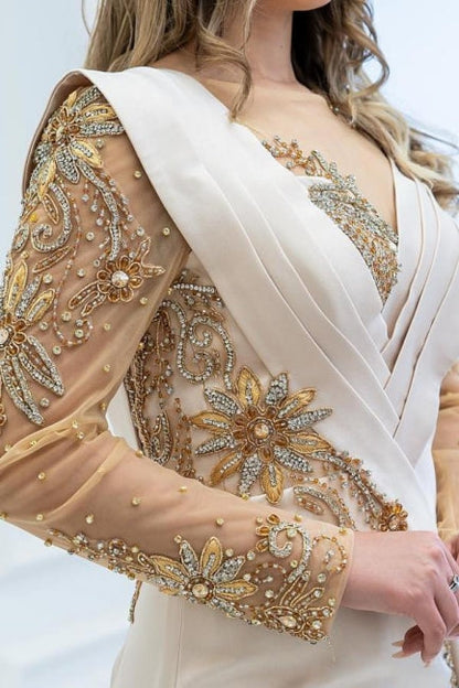 Elegante vestido de fiesta largo de sirena con cuentas y purpurina, con mangas largas