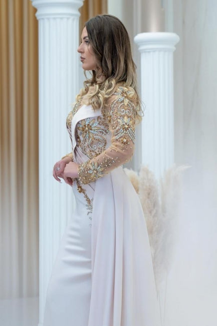 Elegante abito da sera sirena lungo con perline scintillanti e maniche lunghe