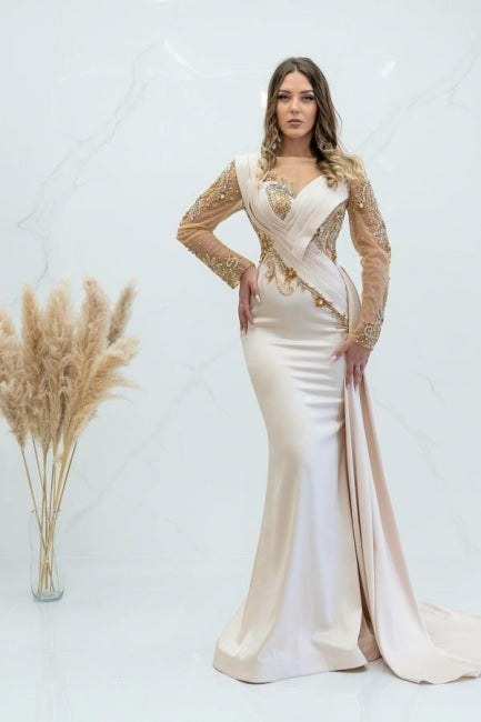 Elegante abito da sera sirena lungo con perline scintillanti e maniche lunghe