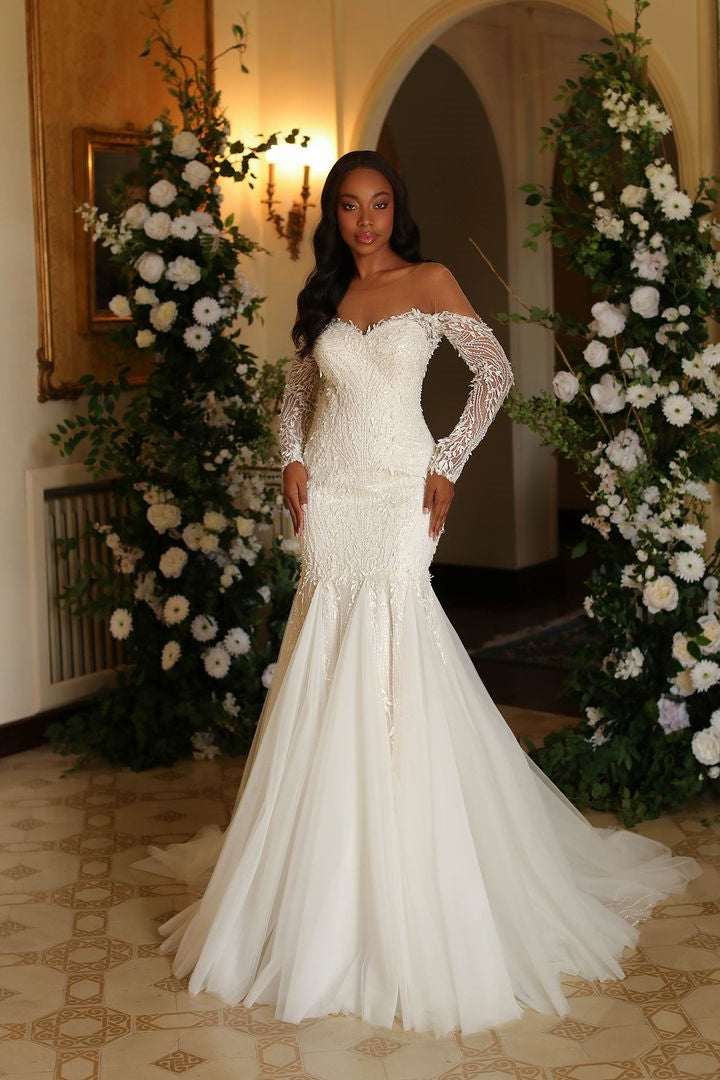 Vestido de Noiva Elegante Marfim Comprido Cauda de Sereia com Mangas Compridas em Renda e Tule