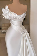 Vestido de Noiva Elegante Longo em Cetim Marfim, Sem Alças, Plissado, com Pérolas