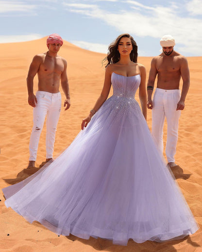 Elegant Long Lilac A-line Sleeveless Rhinestones Tulle Prom Dress