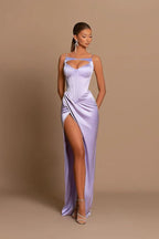 Elegante abito da sera lungo lilla con spalline sottili a sirena senza maniche