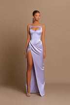 Elegante abito da sera lungo lilla con spalline sottili a sirena senza maniche