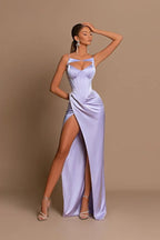 Elegante abito da sera lungo lilla con spalline sottili a sirena senza maniche
