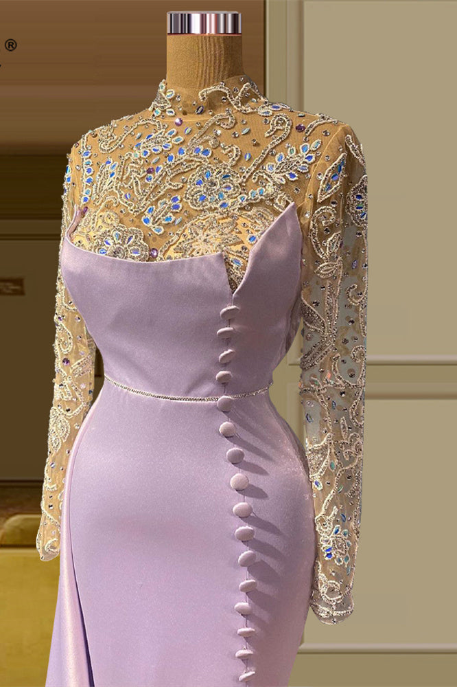 Abito da sera elegante lungo a sirena con collo alto, pizzo e perline, maniche lunghe