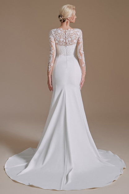 Elegant Long Mermaid Jewel Satin Lace Wedding Dress with Sleeves