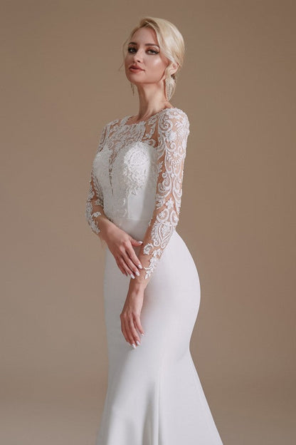 Elegant Long Mermaid Jewel Satin Lace Wedding Dress with Sleeves