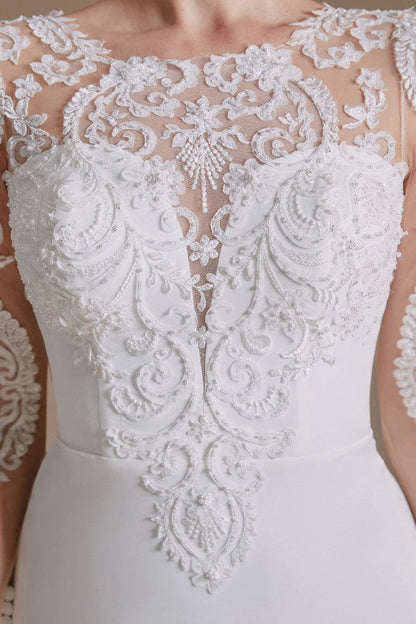 Elegant Long Mermaid Jewel Satin Lace Wedding Dress with Sleeves