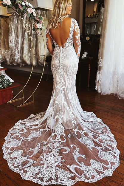 Elegantes langes Meerjungfrau-Brautkleid mit Spitzen und langen Ärmeln und Applikationen