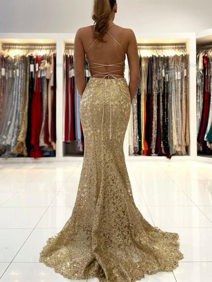 Elegant Long Mermaid Lace Open Back Graduation Prom Dresses