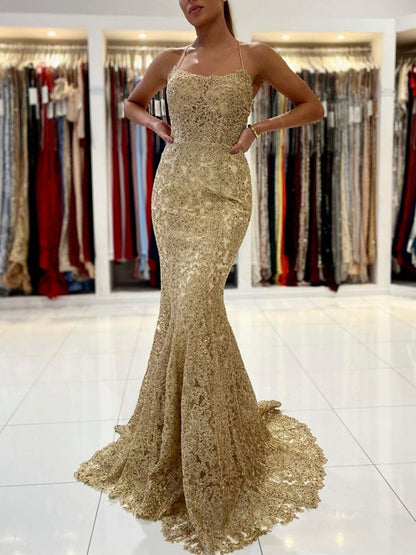 Elegant Long Mermaid Lace Open Back Graduation Prom Dresses