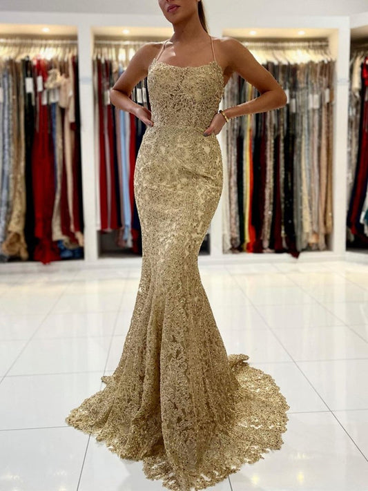 Elegant Long Mermaid Lace Open Back Graduation Prom Dresses